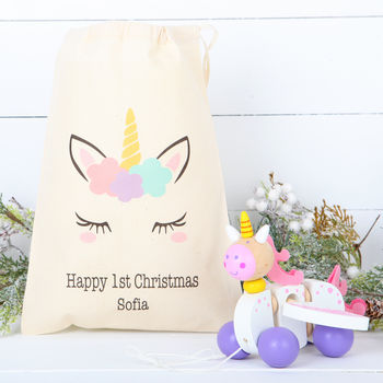 Personalised Cotton Bag And Unicorn Pull Along Toy, 2 of 6