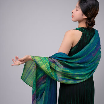 100% Mulberry Silk Scarf, Emerald Green, Aurora Borealis In Gift Box, 2 of 10