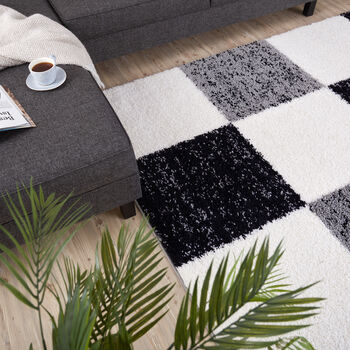 The Rugs Geometric Shaggy Rug Grey Checkered Rug, 3 of 12