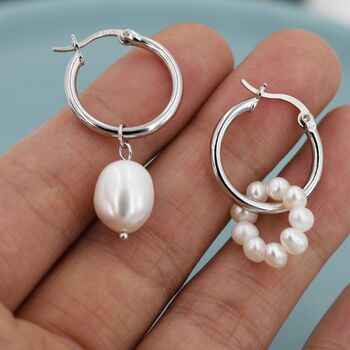 Mismatched Detachable Pearl Dangle Hoop Earrings In Sterling Silver, 5 of 11