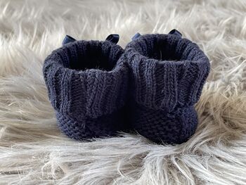 Navy Blue Knitted Baby Booties With Bow, 3 of 6