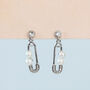 Sterling Silver Pearl Safety Pin Dangle Stud Earrings, thumbnail 2 of 4