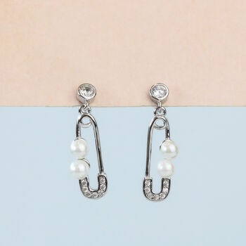 Sterling Silver Pearl Safety Pin Dangle Stud Earrings, 2 of 4