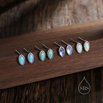 Sterling Silver Blue Opal Marquise Stud Earrings, 6 of 11