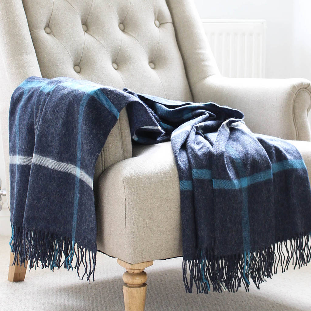 navy and turquoise check wool throw by marquis & dawe