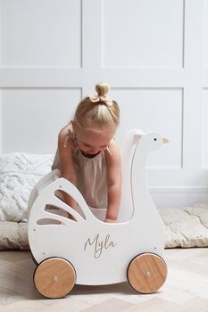 Personalised Kids Swan Wooden Push Along Toy Pram, 2 of 12