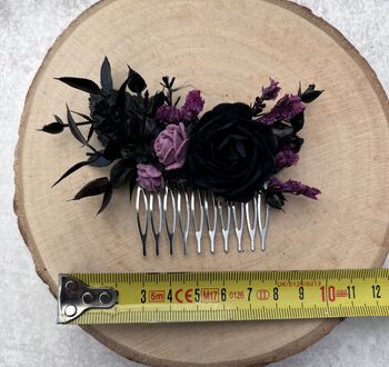 Black And Purple Gothic Wedding Flower Hair Comb, 5 of 5