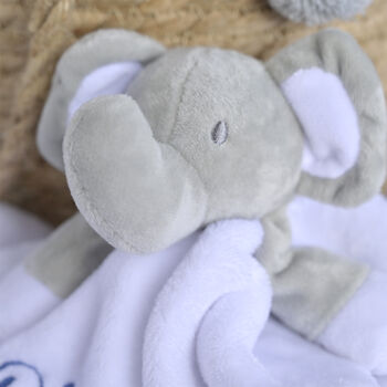 Personalised White Fleece Elephant Baby Comforter, 2 of 6