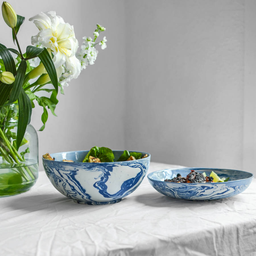 Marbled Blue And White Ceramic Salad Bowl By Nom Living