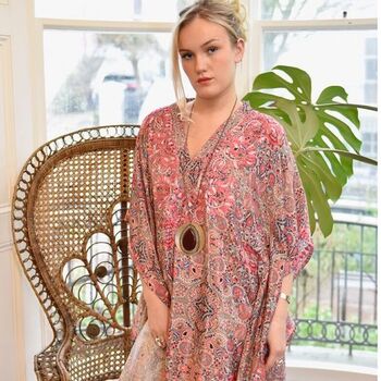 Bohemian Paisley Viscose Kaftan In Pink With Heavy Pink Ombre Fishbone Embroidery, 2 of 5