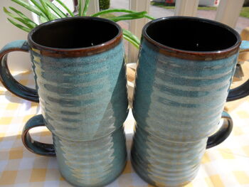 Set Of Four Reactive Glaze Brûlée Mugs In Lagoon Blue And Dark Chocolate, 5 of 7