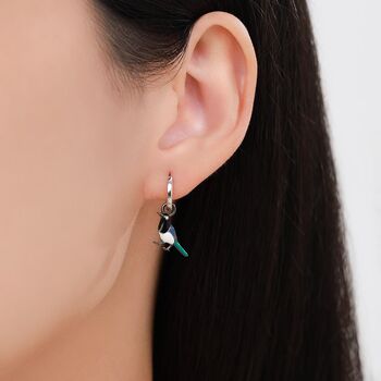 Sterling Silver Magpie Enamel Huggie Hoop Earrings, 5 of 9