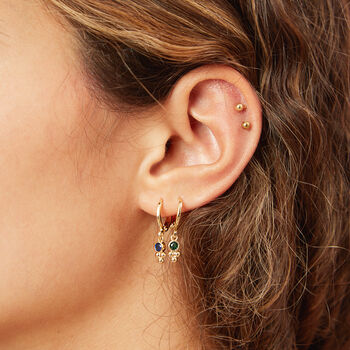 Trinity Gold Blue Gem Droplet Huggie Earrings, 2 of 2