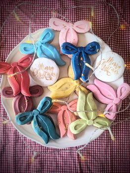 Hand Iced Personalised Multi Coloured Christmas Bows Biscuit Gift Box, 7 of 8