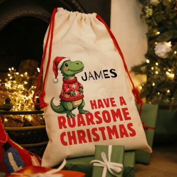 Personalised Christmas Sack Roasome Christmas Dinosaur Design, 3 of 5