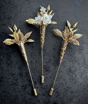 The Margot Buttonhole Mother Of Pearl Carved Shell Gold Silver Handmade Lapel Pin Bouttoniere, 6 of 8