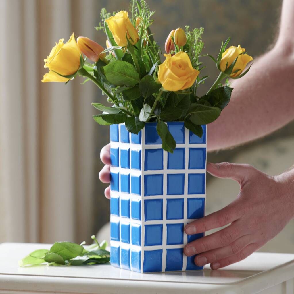 Blue Check Tile Vase, 1 of 5