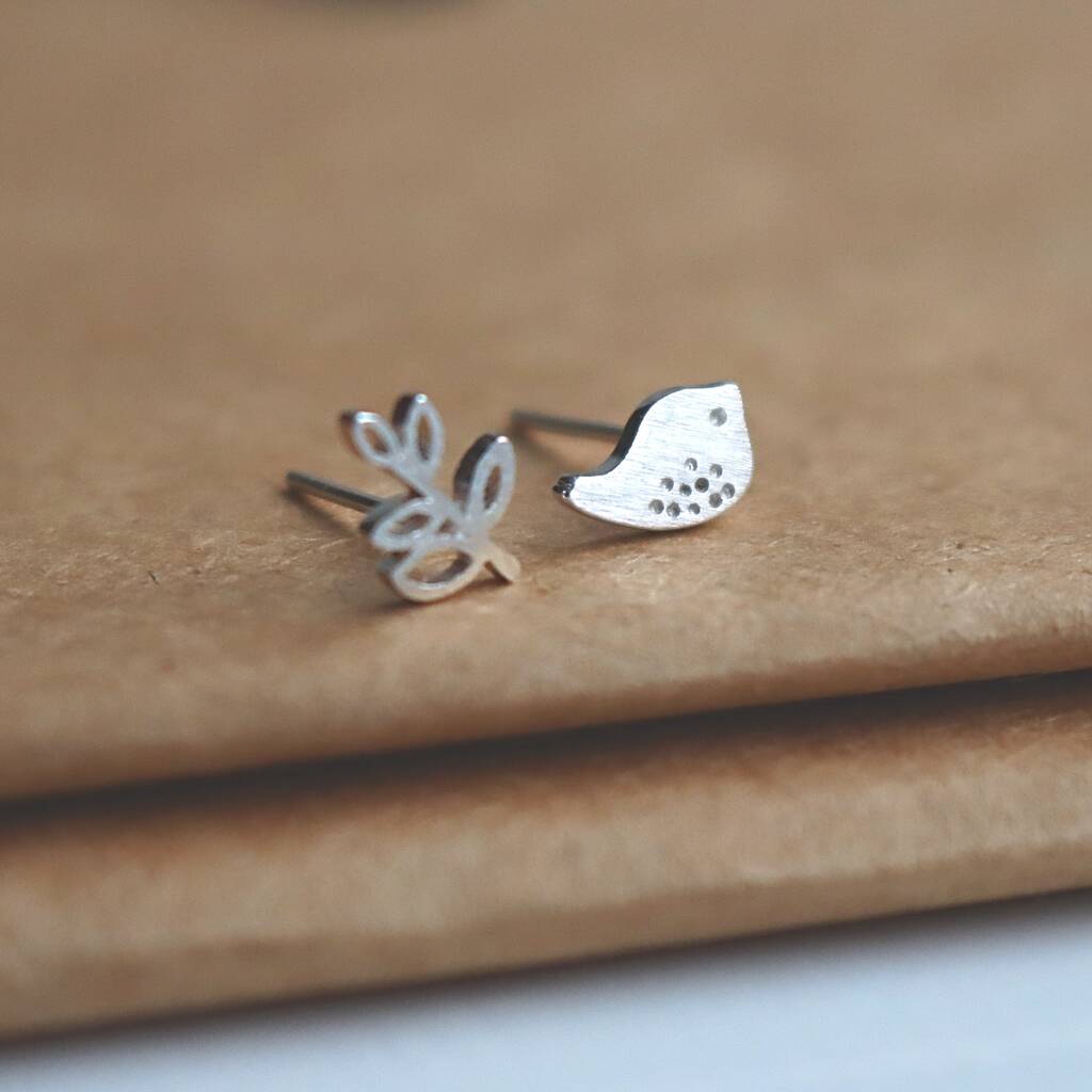 Silver Mismatched Stud Earrings Bird And Branch, 1 of 3
