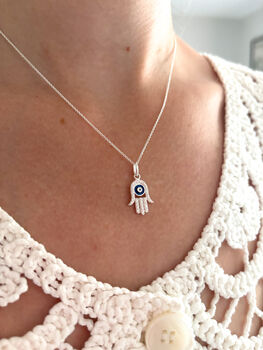 Sterling Silver Hamsa Hand Necklace With Evil Eye, 7 of 8