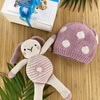 Baby Toy Gift Set Pink Motif Bunny And Pink Spotty Hat, 2 of 2