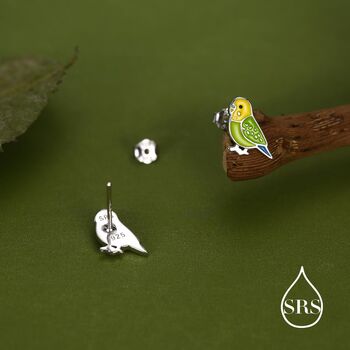 Sterling Silver Mismatched Enamel Budgie Stud Earring, 3 of 12
