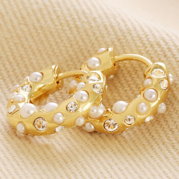 Crystal And Pearl Huggie Hoop Earrings In Gold, 2 of 6
