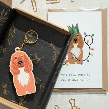 Cocker Spaniel Dog Wooden Keyring With Optional Christmas Card, 3 of 8