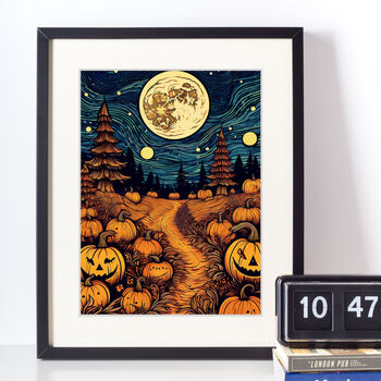 Spooky Pumpkin Field Linocut Style Art Print, 2 of 3