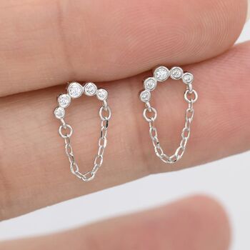 Cz Curved Bar Chained Stud Earrings In Sterling Silver, 2 of 12