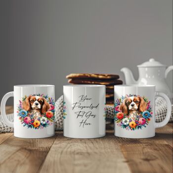 Personalised King Charles Spaniel Summer Floral Dog Wreath Cushion And Mug Gift Bundle, 2 of 4