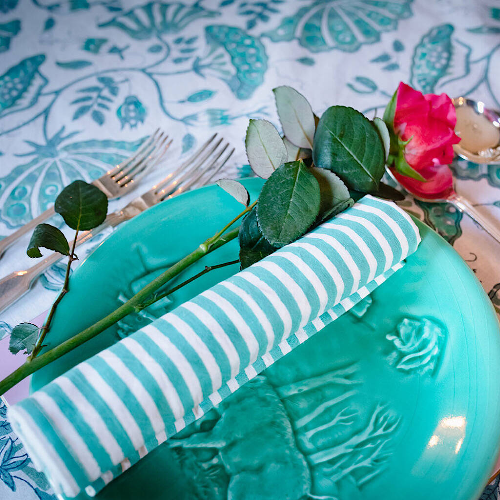 Turquoise Stripe Blockprint Cotton Napkins By Liberty Bee