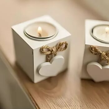 Three White Wooden Heart Tealight Candle Holders Decor, 3 of 6