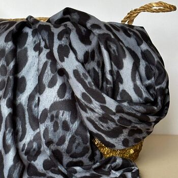 Leopard Print Scarf With Tassels In Grey, 2 of 4