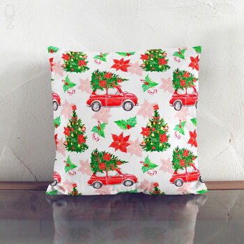Nostalgic Red Car With Pine Tree Christmas Chenille Cushion, 2 of 12