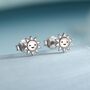 Tiny Sun Stud Earrings In Sterling Silver, thumbnail 1 of 12