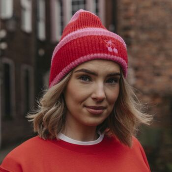 Embroidered Cherry Striped Beanie Hat, 3 of 5