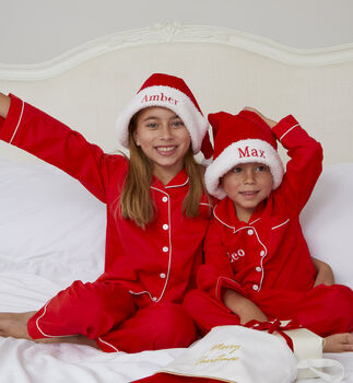 Personalised Matching Red Cotton Classic Christmas Pyjama For Dad And Child, 5 of 5