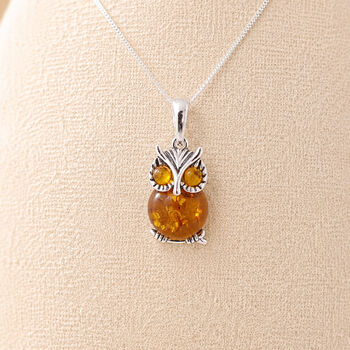 Personalised Sterling Silver Baltic Amber Owl Pendant Necklace, 2 of 10