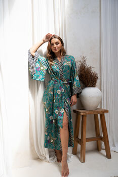 Satin Silky Turquoise Full Length Kimono Robe, 3 of 9