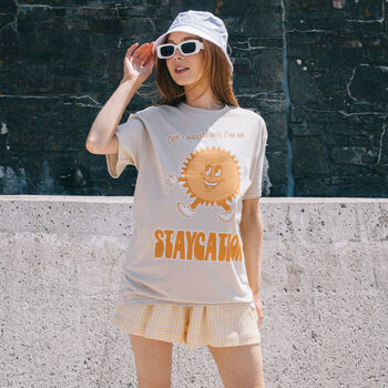 Staycation Women's Slogan T Shirt With Sun Graphic, 4 of 4