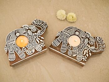 Wooden Elephant Tea Light Candle Holder, Set Of Two, 2 of 5
