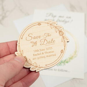 Photo save the date wedding lightweight round wood magnet