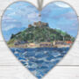 St Michael’s Mount Wooden Hanging Heart, Collage Art Of Cornwall, thumbnail 1 of 2