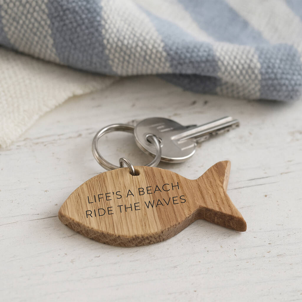 'Life's A Beach Ride The Waves' Oak Fish Keyring, 1 of 2