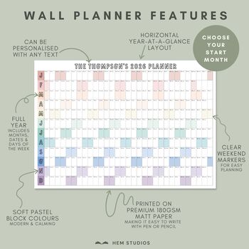 Personalised Wall Planner | A2 Or A1 Calendar | Custom Start Month, 3 of 7
