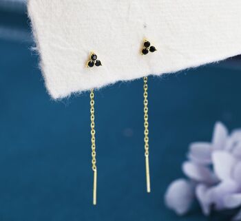 Sterling Silver Black Cz Trio Flower Threader Earrings, 3 of 10