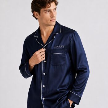 Personalised Matching Navy Luxury Satin Father's Day Pyjamas For Dad And Child, 3 of 9