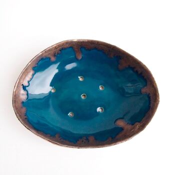 Handmade Teal Blue And Gold Oval Ceramic Soap Dish, 4 of 9