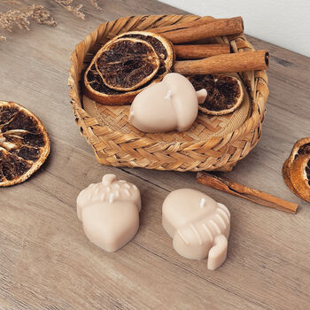 Set Of Three Beige Acorn Shaped Autumn Candles, 7 of 10