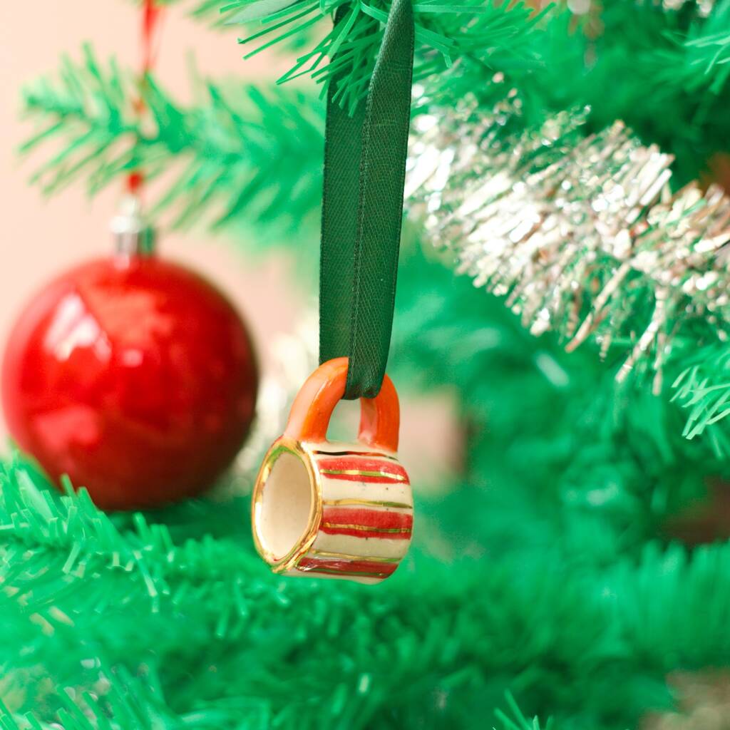 Hand Painted Mini Ceramic Mug Christmas Ornament With Red Stripe, 1 of 5
